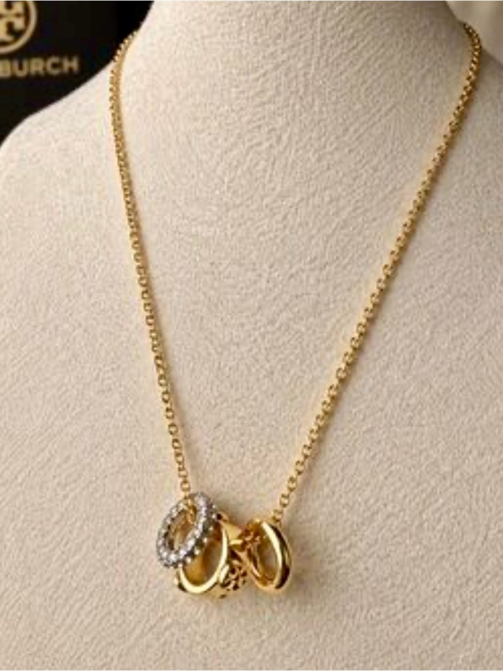 New Tory Burch Gold Tone Icon Pavé Logo Pendant Necklace in Gold on Earring Card